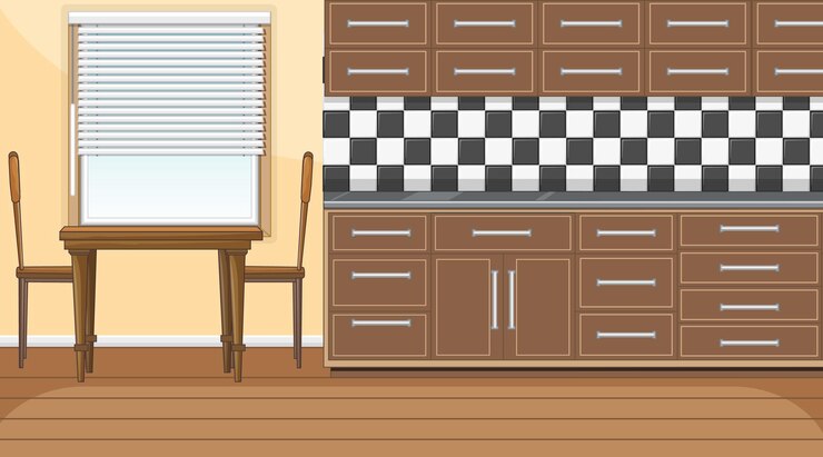 Vector Gratis empty kitchen room with counter kitchen and dining table