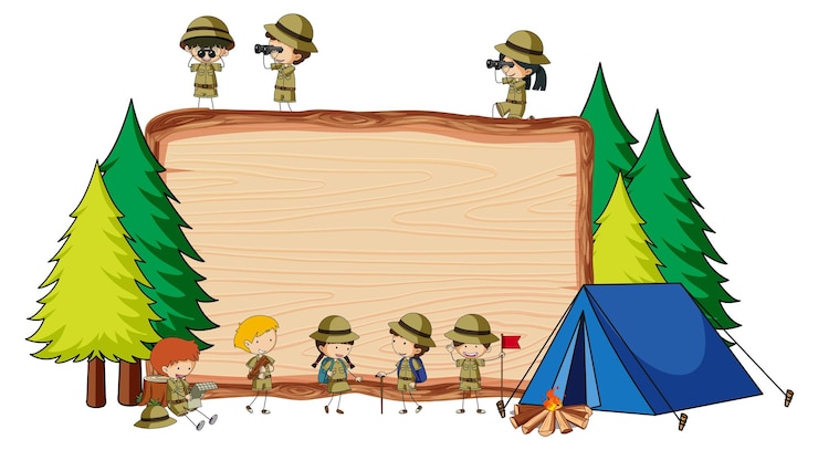 Vector Gratis empty wooden board with many kids in scout theme isolated