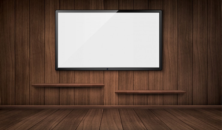 Vector Gratis empty wooden room with tv screen and bookshelves