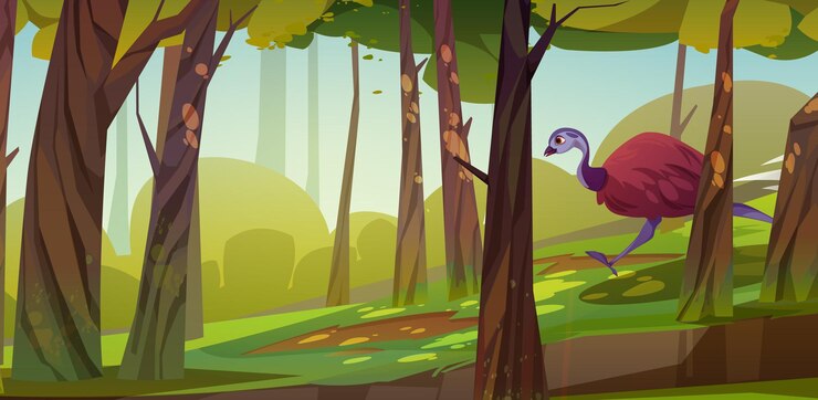 Vector Gratis emu bird running down hill in summer forest