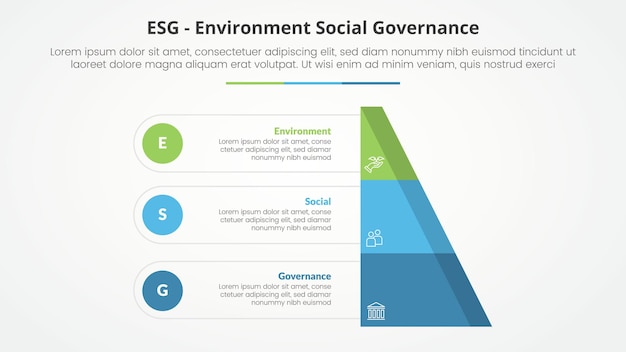 esg frameworks infographic concept for slide presentation with half slice pyramid with circle point with 3 point list with flat style
