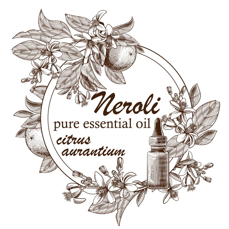 Vector Gratis essential oil terukir dengan buah jeruk, daun, dan bunga mekar