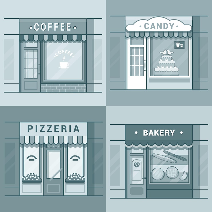 Vector Gratis etalase bisnis lokal kecil jendela toko kafe kopi roti pizza toko permen set toko kembang gula. gaya datar garis luar stroke linear