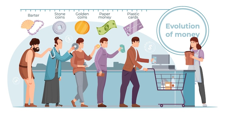 Vector Gratis evolution money from barter stone and golden coins to paper money and plastic cards flat vector illustration