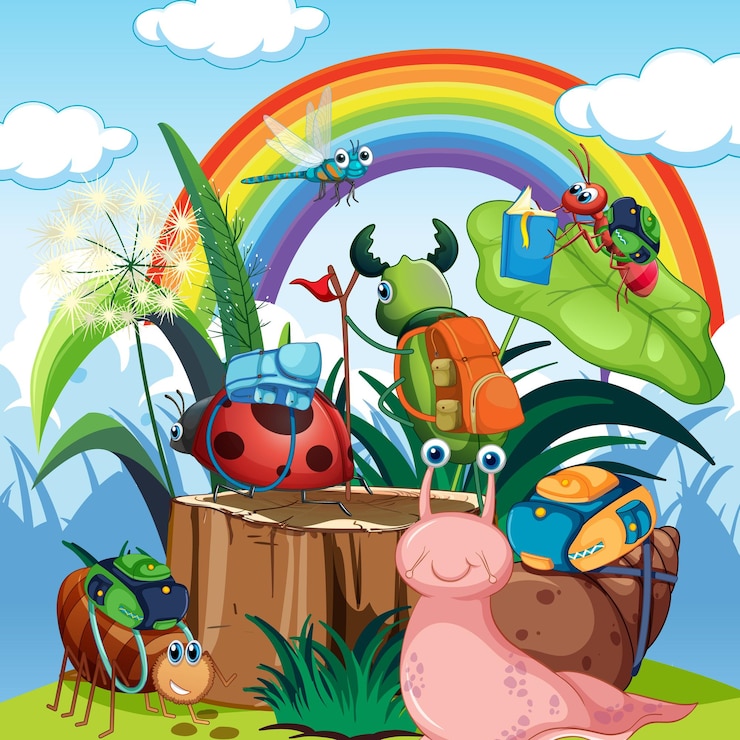 Vector Gratis fantasy forest with cartoon insects