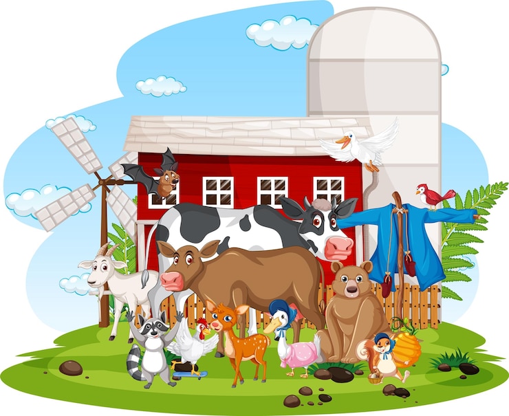 Vector Gratis farm scene many animals by the barn