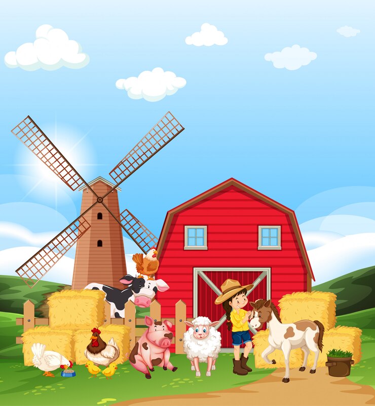 Vector Gratis farm scene with farmer and many animals on the farm
