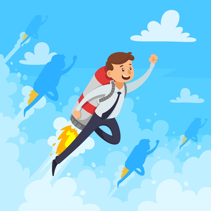 Vector Gratis fast career design concept with businessman and flying rocket white clouds smoke on blue background vector illustration