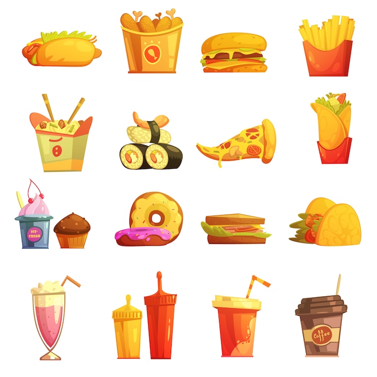 Vector Gratis fast food retro cartoon icons collection with hot dog sushi hamburger and donuts