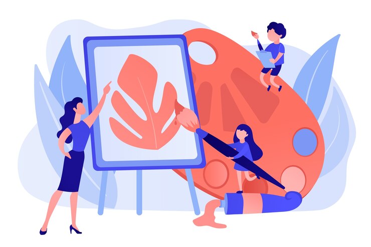 Vector Gratis female artist at easel teaching children painting with palette and brushes, tiny people. art studio, open art classes, modern arts gallery concept. pinkish coral bluevector isolated illustration