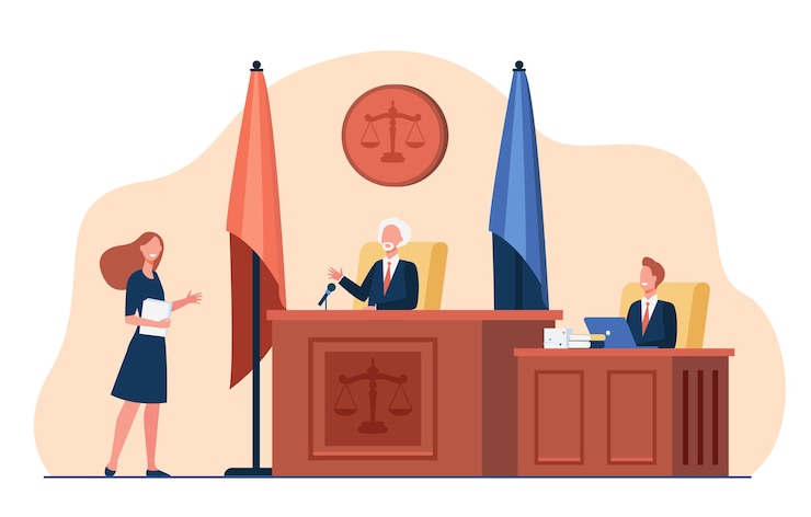 Vector Gratis female attorney standing in front of judge and talking isolated flat illustration.
