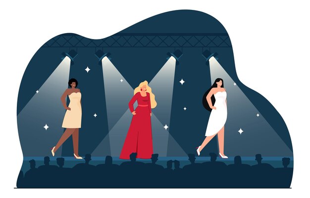 female models showing dresses on catwalk with spotlights. presentation of glamorous clothes in front of audience by elegant girls flat vector illustration. fashion industry, beauty show event concept