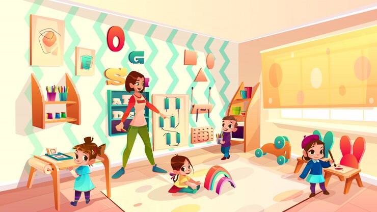 Vector Gratis female preschool nursery nurse, kindergarten teacher playing with children in modern