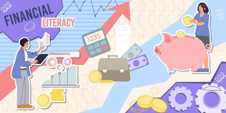 Vector Gratis financial literacy collage in flat style with coins calculator piggy bank and human characters vector illustration