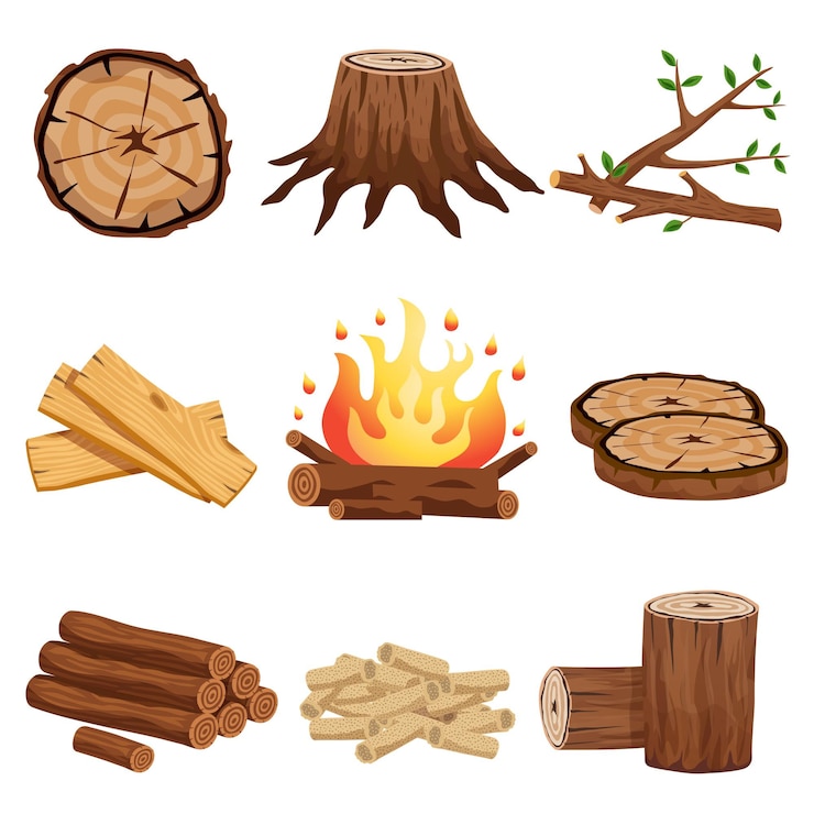 Vector Gratis firewood flat elements collection with tree stump branches cut logs circular segments planks campfire isolated