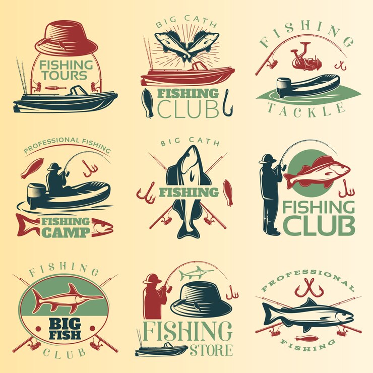Vector Gratis fishing colored emblem set with fishing tours club tackle and camp descriptions