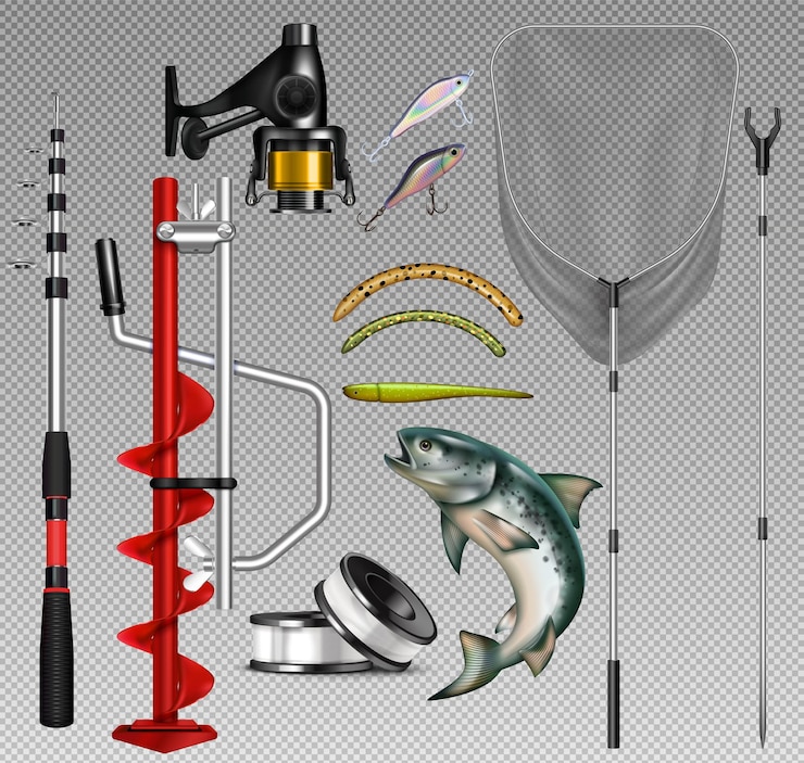Vector Gratis fishing equipment realistic transparent set with isolated images of ice breaker drill rods hooks and fish vector illustration