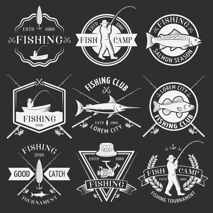 Vector Gratis fishing white emblems on black background