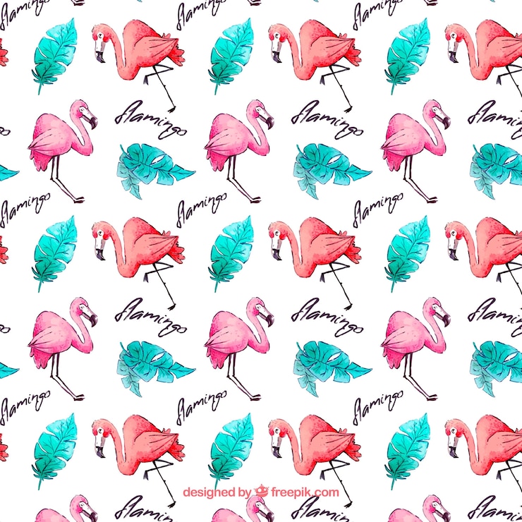 Vector Gratis flamingos pattern with plants in watercolor style