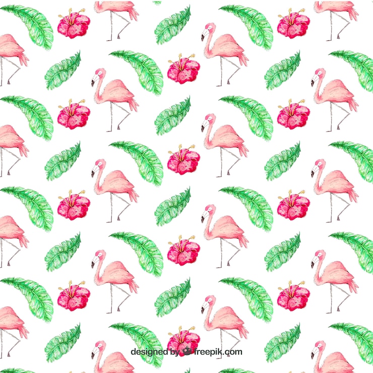 Vector Gratis flamingos pattern with plants in watercolor style