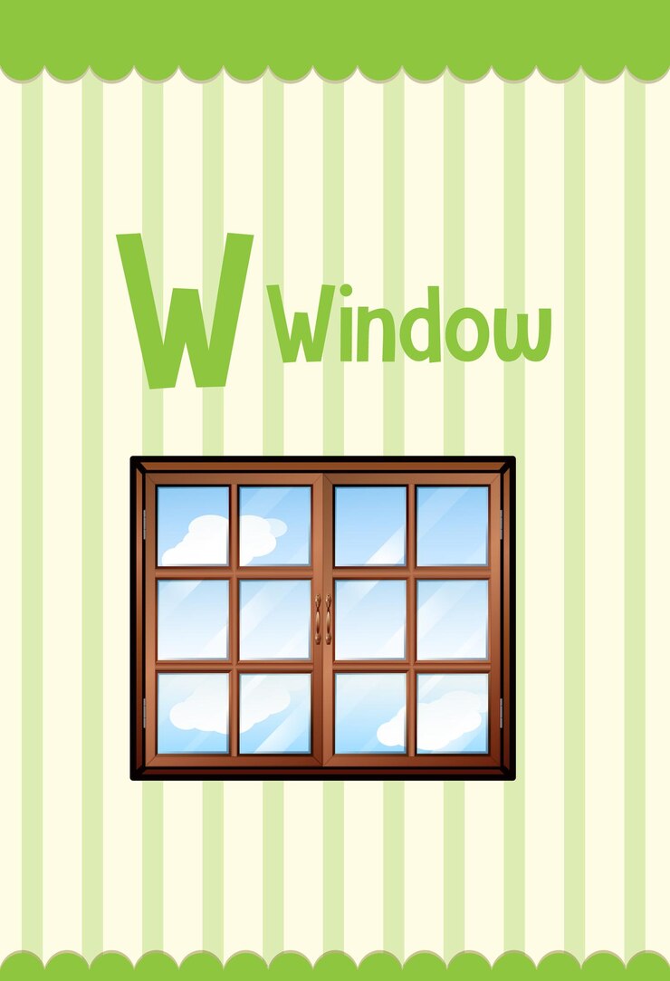 Vector Gratis flashcard alfabet dengan huruf w untuk window