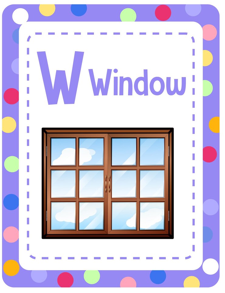 Vector Gratis flashcard alfabet dengan huruf w untuk window