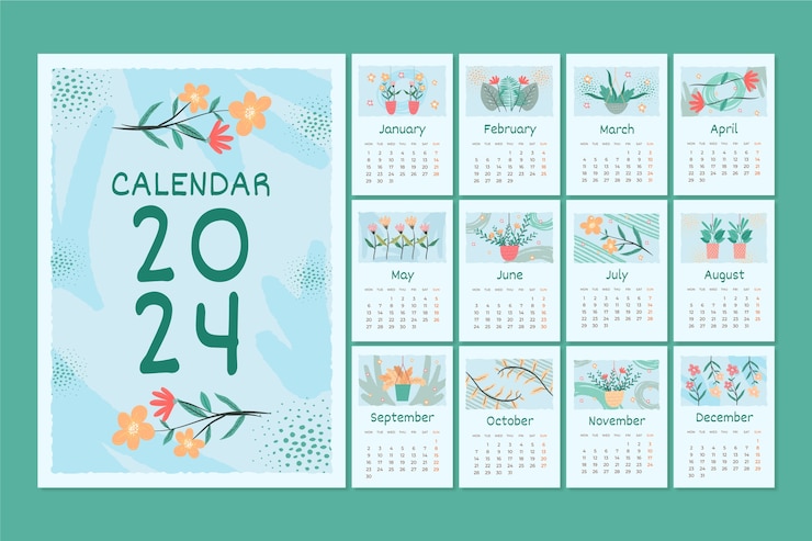 Vector Gratis flat 2024 calendar template with flowers