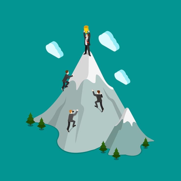 Vector Gratis flat 3d isometric mountain climb top winner trophy concept
