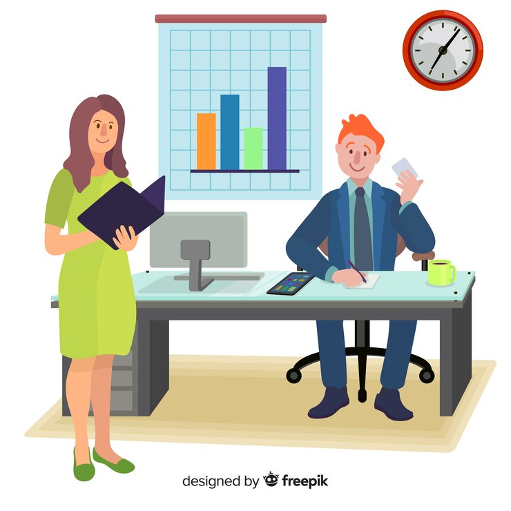 Vector Gratis flat design characters working in office workplace