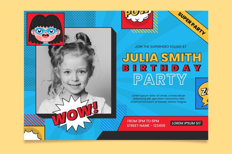 Vector Gratis flat design superhero birthday invitation with photo