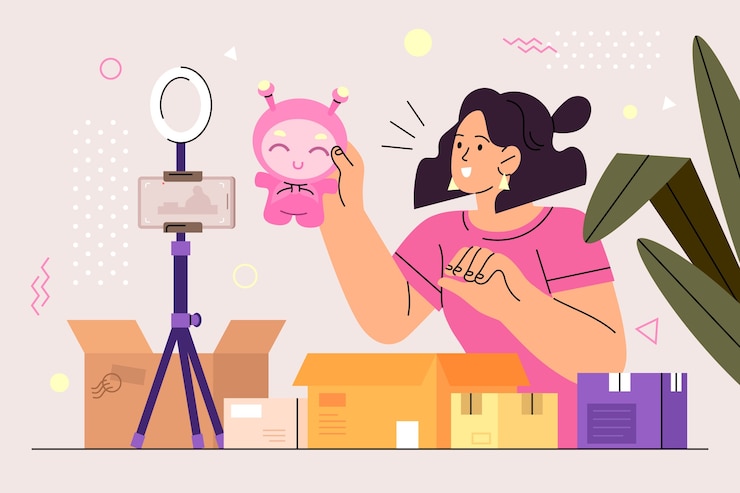 Vector Gratis flat design unboxing illustration