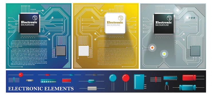 Vector Gratis flat electronic colorful composition with electric circuit boards diodes transistors capacitors and resistors