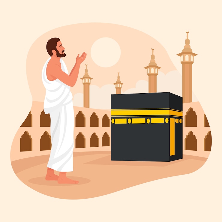 Vector Gratis flat hajj illustration with man praying at mecca