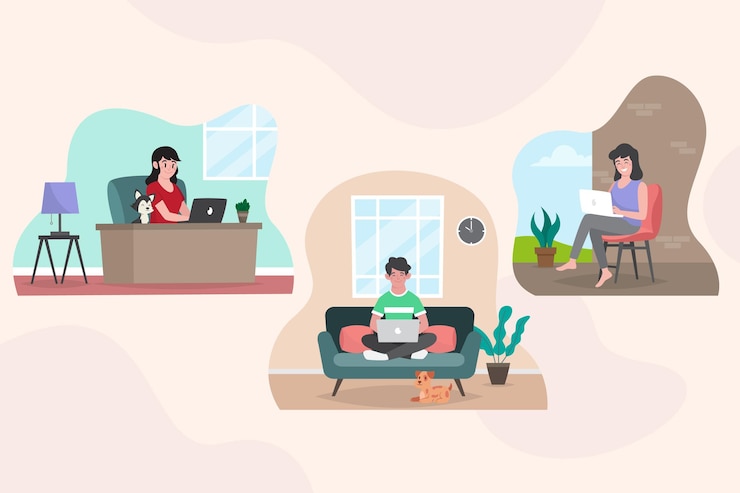 Vector Gratis flat-hand drawn remote working scenes
