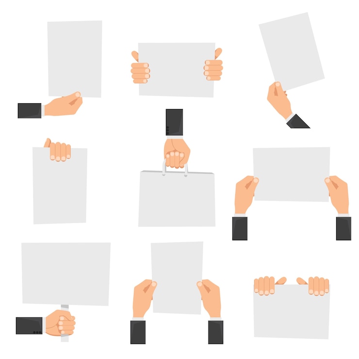 Vector Gratis flat hands holding empty signs or hands with blank paper.