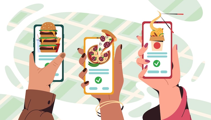Vector Gratis flat human hands hold smartphone with mobile app for ordering fast food at home or take away. online service for order asian and italian meals. pizza, burger and wok box with noodles delivery.