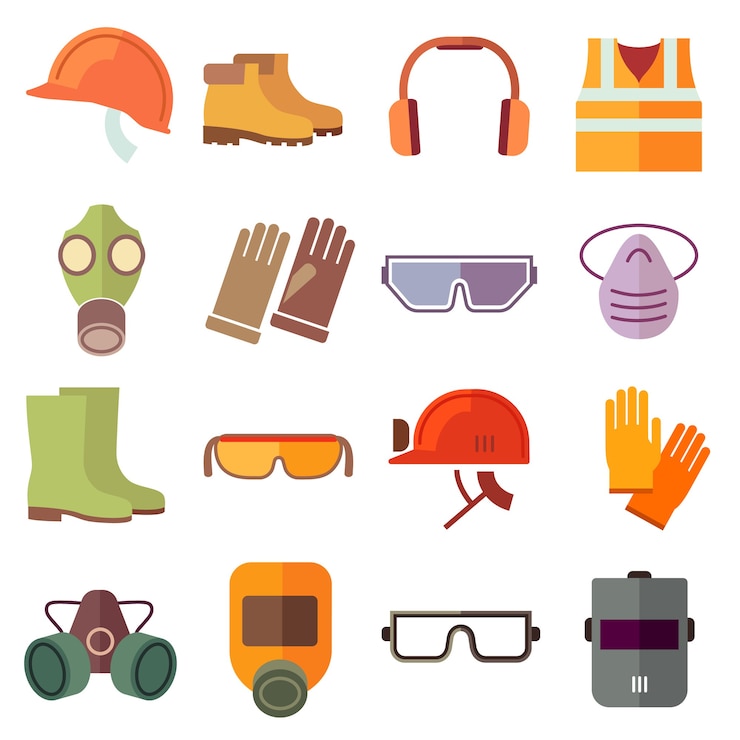 Vector Gratis flat job safety equipment vector icons set. safety icon, helmet equipment, job industrial, safety headgear and protection boot illustration
