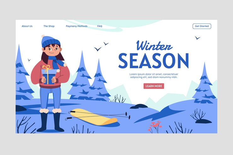 Vector Gratis flat landing page template for winter season with woman holding present