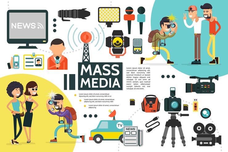 Vector Gratis flat mass media infographic template with reporter id card microphones news car cameras