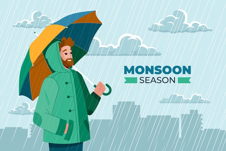 Vector Gratis flat monsoon season background with man holding umbrella in the rain