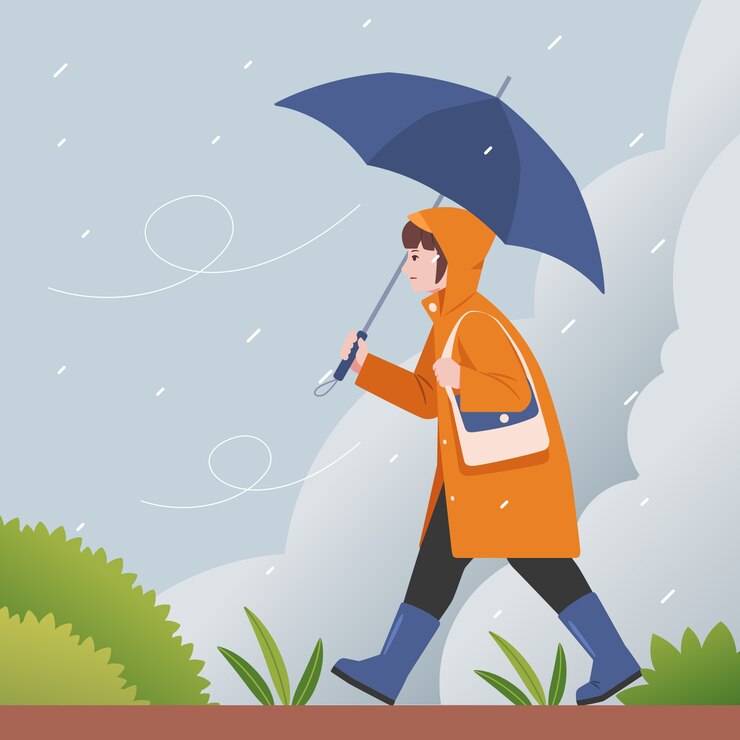 Vector Gratis flat monsoon season illustration with woman walking in the rain with umbrella
