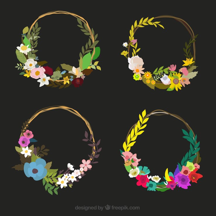 Vector Gratis flat pack of four wreaths with colorful flowers