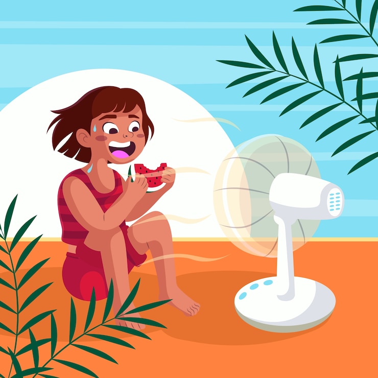 Vector Gratis flat summer heat illustration with woman eating watermelon in front of fan