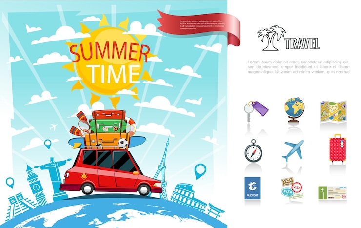 Vector Gratis flat summer travel concept with car moving on globe key map navigational compass airplane baggage passport ticket icons  illustration,