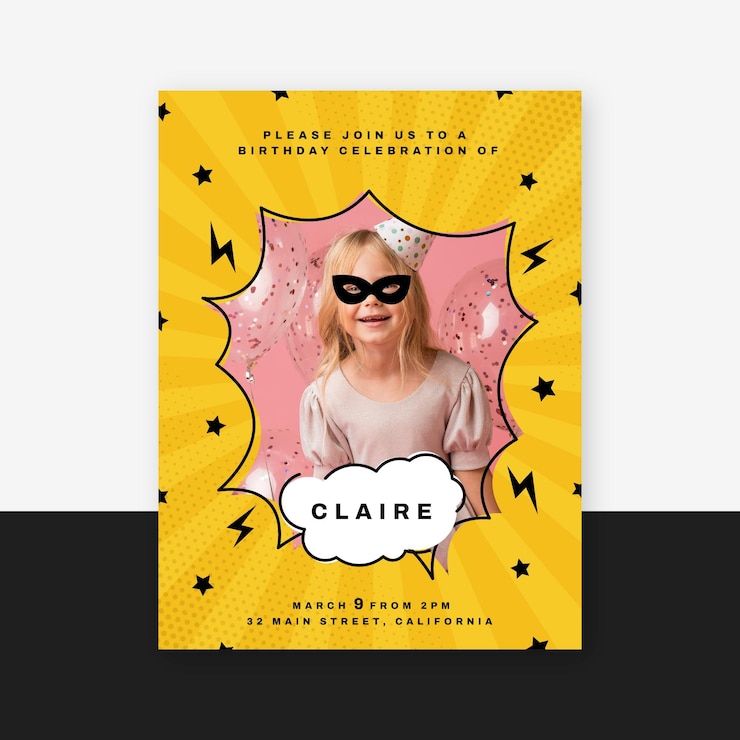 Vector Gratis flat superhero birthday invitation with photo