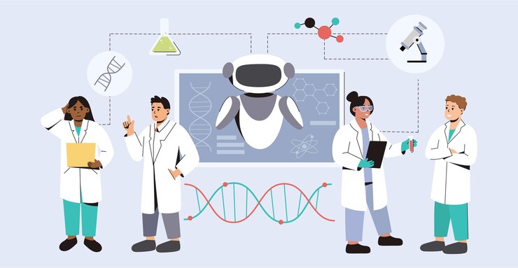 Vector Gratis flat team of scientists using ai in medicine