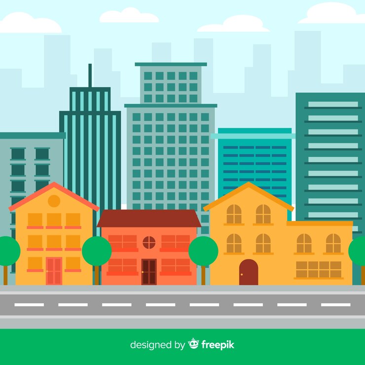 Vector Gratis flat urban landscape with office buildings