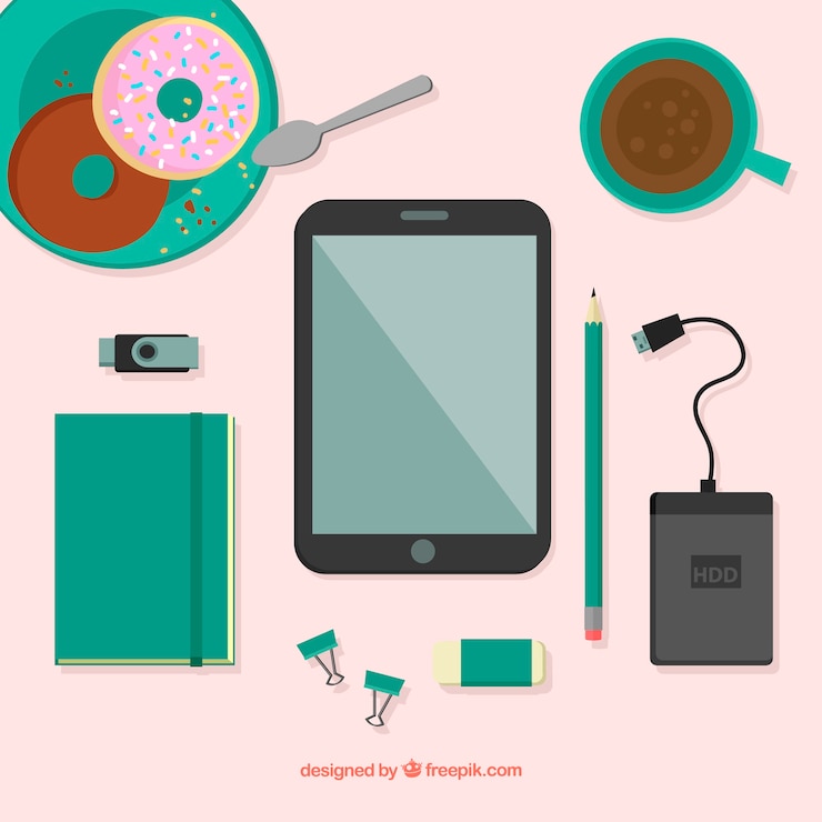 Vector Gratis flat workspace with tablet