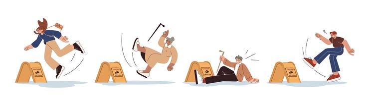 Vector Gratis flat young and old people slip on wet floor or stumble elderly with cane fall down