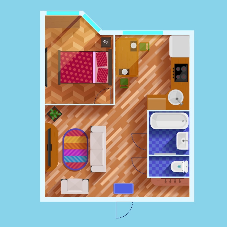 Vector Gratis floor plan of one bedroom apartment 